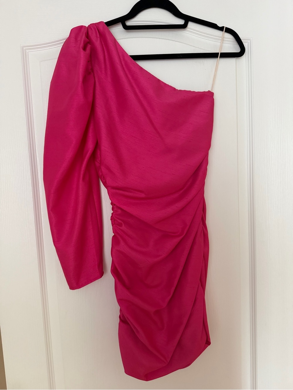Wilfred One-Shoulder Ruched Hot Pink Mini Dress
